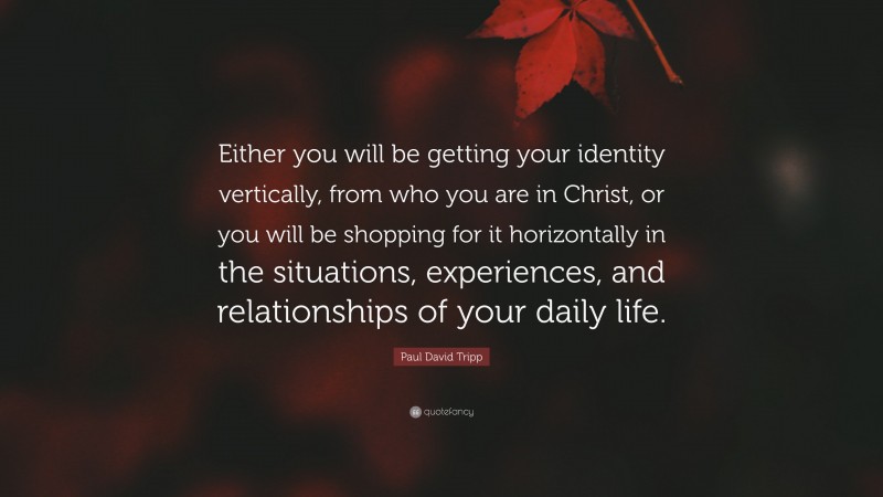 Paul David Tripp Quote: “Either you will be getting your identity vertically, from who you are in Christ, or you will be shopping for it horizontally in the situations, experiences, and relationships of your daily life.”