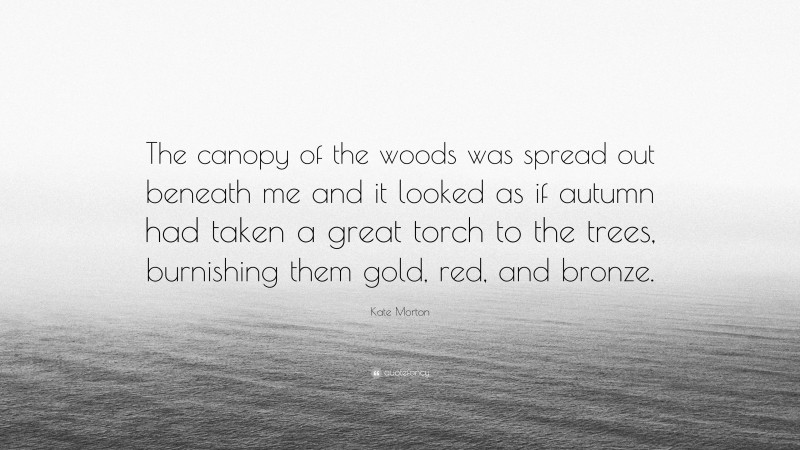 Kate Morton Quote: “The canopy of the woods was spread out beneath me and it looked as if autumn had taken a great torch to the trees, burnishing them gold, red, and bronze.”