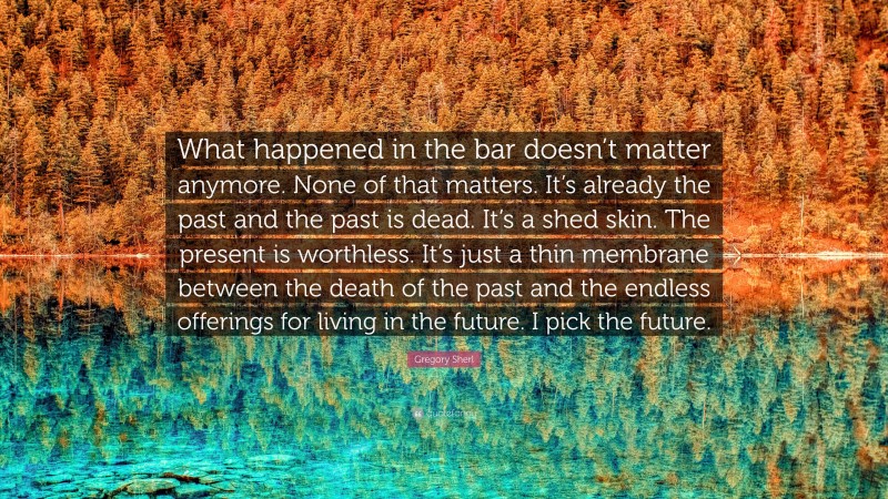 Gregory Sherl Quote: “What happened in the bar doesn’t matter anymore. None of that matters. It’s already the past and the past is dead. It’s a shed skin. The present is worthless. It’s just a thin membrane between the death of the past and the endless offerings for living in the future. I pick the future.”