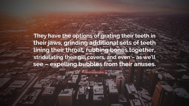 Jonathan Balcombe Quote: “They have the options of grating their teeth in their jaws, grinding additional sets of teeth lining their throat, rubbing bones together, stridulating their gill covers, and even – as we’ll see – expelling bubbles from their anuses.”