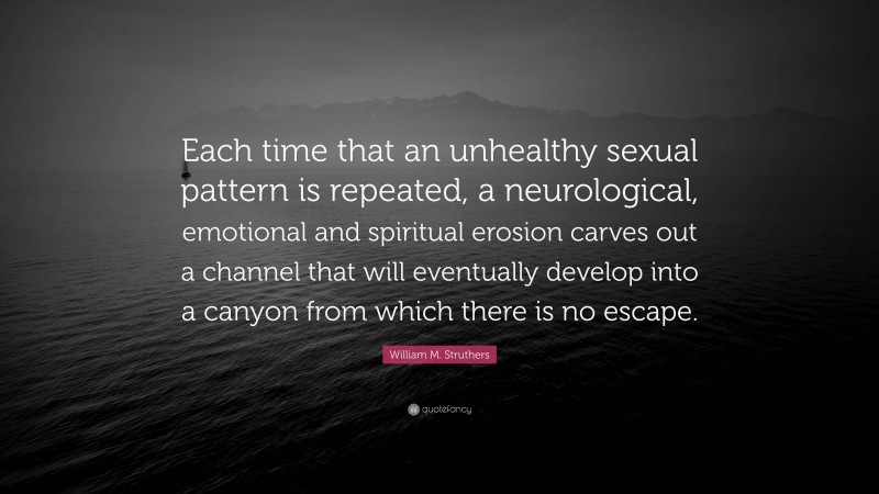 William M. Struthers Quote: “Each time that an unhealthy sexual pattern is repeated, a neurological, emotional and spiritual erosion carves out a channel that will eventually develop into a canyon from which there is no escape.”