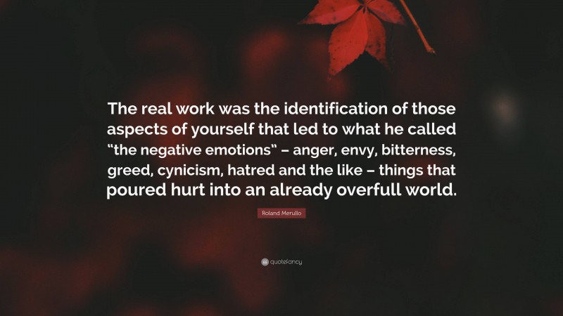 Roland Merullo Quote: “The real work was the identification of those aspects of yourself that led to what he called “the negative emotions” – anger, envy, bitterness, greed, cynicism, hatred and the like – things that poured hurt into an already overfull world.”