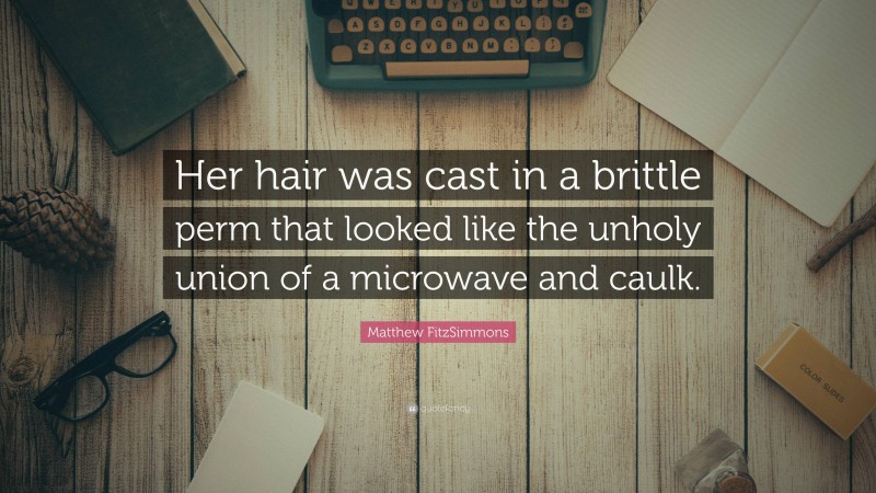 Matthew FitzSimmons Quote: “Her hair was cast in a brittle perm that looked like the unholy union of a microwave and caulk.”