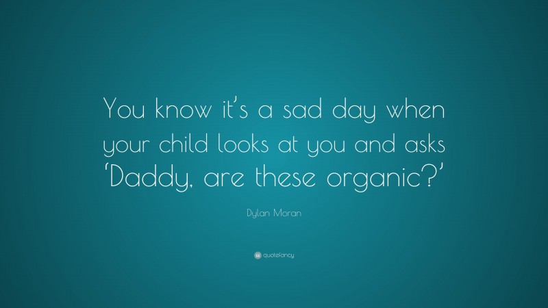 Dylan Moran Quote: “You know it’s a sad day when your child looks at you and asks ‘Daddy, are these organic?’”