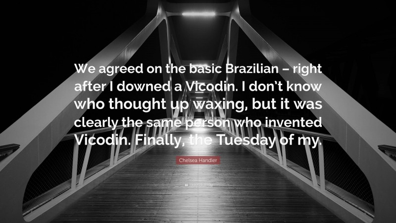 Chelsea Handler Quote: “We agreed on the basic Brazilian – right after I downed a Vicodin. I don’t know who thought up waxing, but it was clearly the same person who invented Vicodin. Finally, the Tuesday of my.”