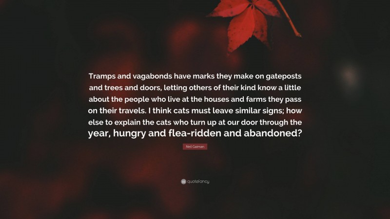 Neil Gaiman Quote: “Tramps and vagabonds have marks they make on gateposts and trees and doors, letting others of their kind know a little about the people who live at the houses and farms they pass on their travels. I think cats must leave similar signs; how else to explain the cats who turn up at our door through the year, hungry and flea-ridden and abandoned?”
