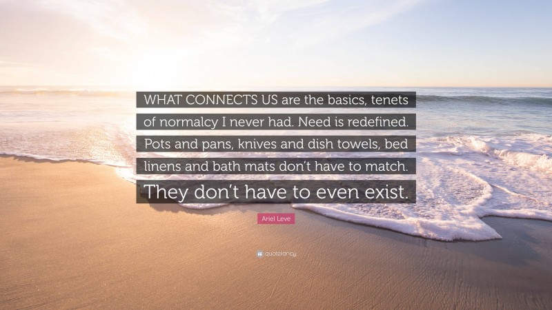 Ariel Leve Quote: “WHAT CONNECTS US are the basics, tenets of normalcy I never had. Need is redefined. Pots and pans, knives and dish towels, bed linens and bath mats don’t have to match. They don’t have to even exist.”