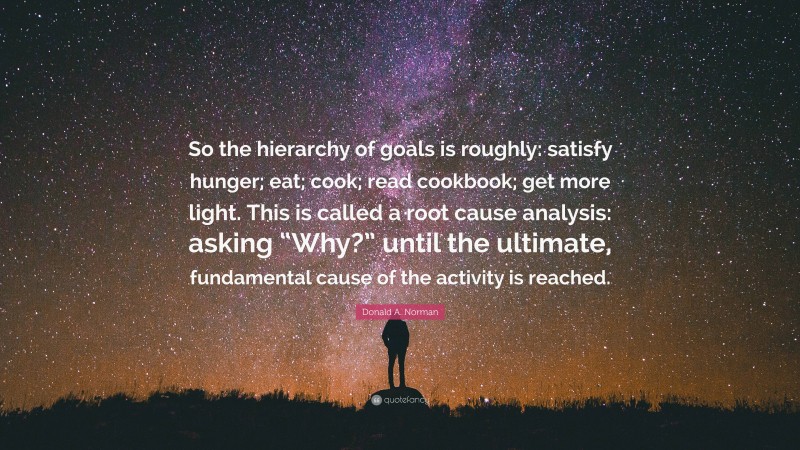 Donald A. Norman Quote: “So the hierarchy of goals is roughly: satisfy hunger; eat; cook; read cookbook; get more light. This is called a root cause analysis: asking “Why?” until the ultimate, fundamental cause of the activity is reached.”