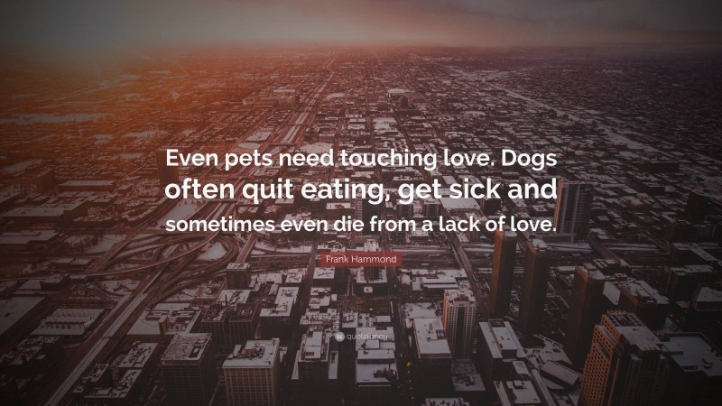 Frank Hammond Quote: “Even pets need touching love. Dogs often quit eating, get sick and sometimes even die from a lack of love.”