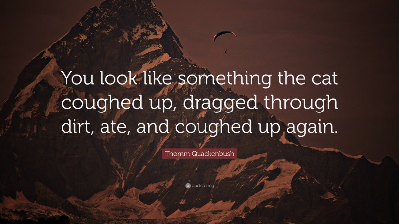 Thomm Quackenbush Quote: “You look like something the cat coughed up, dragged through dirt, ate, and coughed up again.”