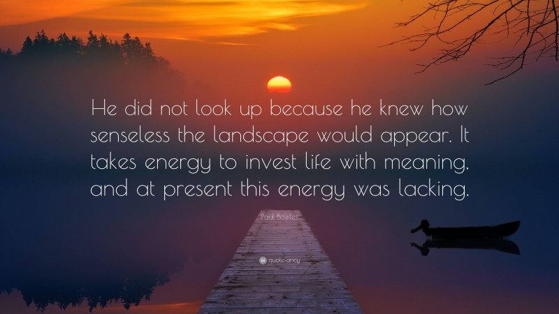 Paul Bowles Quote: “He did not look up because he knew how senseless the landscape would appear. It takes energy to invest life with meaning, and at present this energy was lacking.”