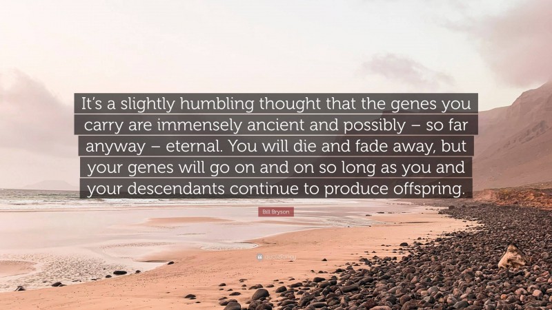Bill Bryson Quote: “It’s a slightly humbling thought that the genes you carry are immensely ancient and possibly – so far anyway – eternal. You will die and fade away, but your genes will go on and on so long as you and your descendants continue to produce offspring.”