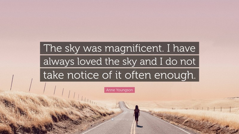 Anne Youngson Quote: “The sky was magnificent. I have always loved the sky and I do not take notice of it often enough.”