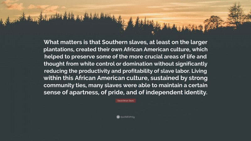 David Brion Davis Quote: “What matters is that Southern slaves, at least on the larger plantations, created their own African American culture, which helped to preserve some of the more crucial areas of life and thought from white control or domination without significantly reducing the productivity and profitability of slave labor. Living within this African American culture, sustained by strong community ties, many slaves were able to maintain a certain sense of apartness, of pride, and of independent identity.”