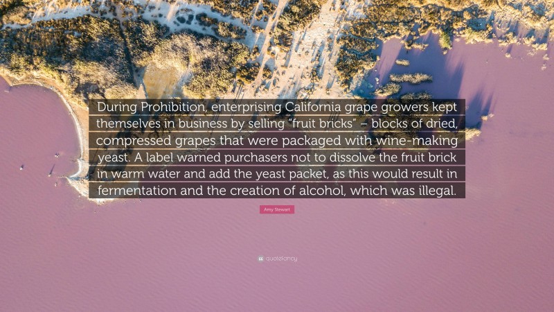 Amy Stewart Quote: “During Prohibition, enterprising California grape growers kept themselves in business by selling “fruit bricks” – blocks of dried, compressed grapes that were packaged with wine-making yeast. A label warned purchasers not to dissolve the fruit brick in warm water and add the yeast packet, as this would result in fermentation and the creation of alcohol, which was illegal.”