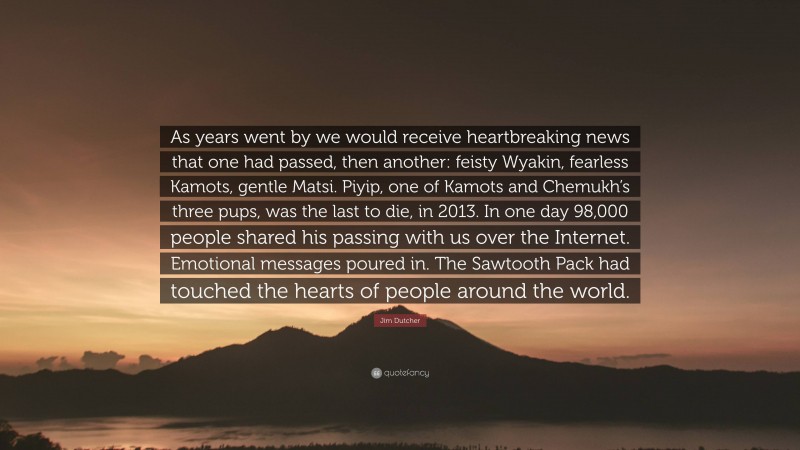 Jim Dutcher Quote: “As years went by we would receive heartbreaking news that one had passed, then another: feisty Wyakin, fearless Kamots, gentle Matsi. Piyip, one of Kamots and Chemukh’s three pups, was the last to die, in 2013. In one day 98,000 people shared his passing with us over the Internet. Emotional messages poured in. The Sawtooth Pack had touched the hearts of people around the world.”