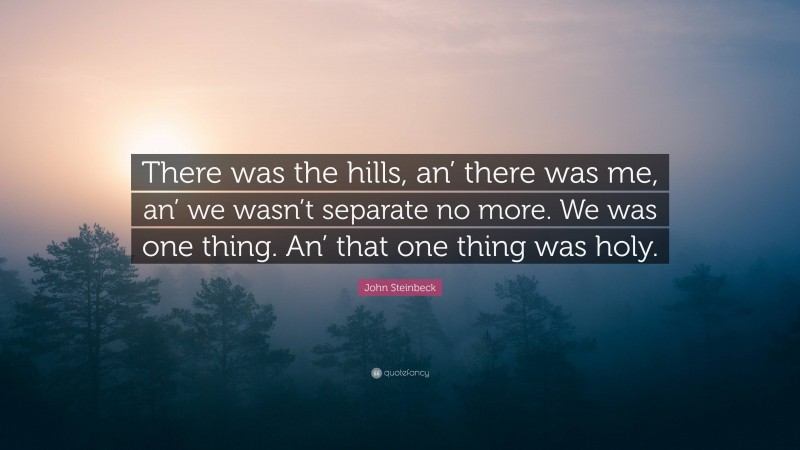 John Steinbeck Quote: “There was the hills, an’ there was me, an’ we wasn’t separate no more. We was one thing. An’ that one thing was holy.”
