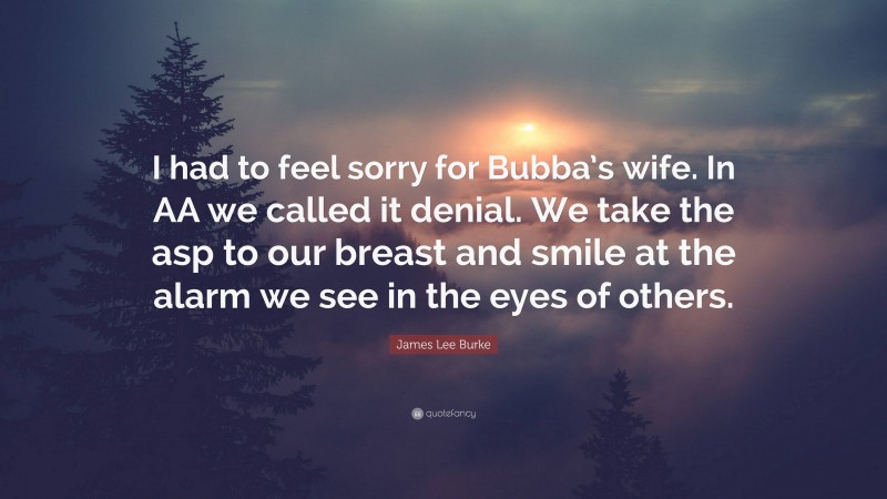 James Lee Burke Quote: “I had to feel sorry for Bubba’s wife. In AA we called it denial. We take the asp to our breast and smile at the alarm we see in the eyes of others.”