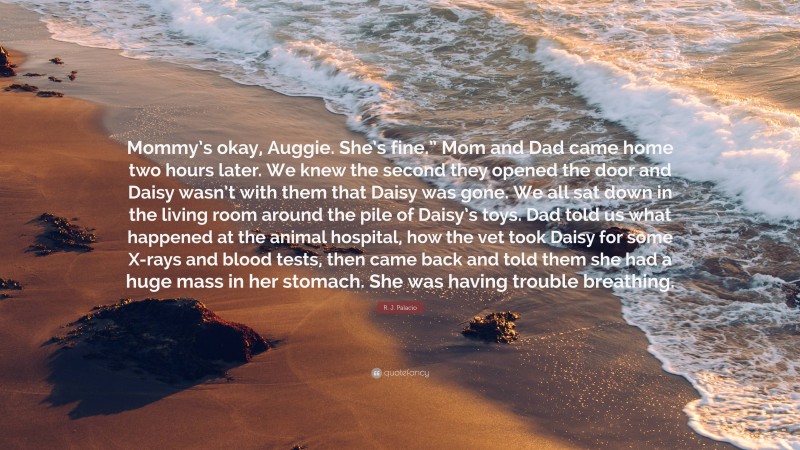 R. J. Palacio Quote: “Mommy’s okay, Auggie. She’s fine.” Mom and Dad came home two hours later. We knew the second they opened the door and Daisy wasn’t with them that Daisy was gone. We all sat down in the living room around the pile of Daisy’s toys. Dad told us what happened at the animal hospital, how the vet took Daisy for some X-rays and blood tests, then came back and told them she had a huge mass in her stomach. She was having trouble breathing.”