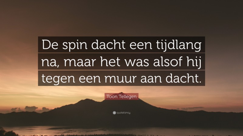Toon Tellegen Quote: “De spin dacht een tijdlang na, maar het was alsof hij tegen een muur aan dacht.”
