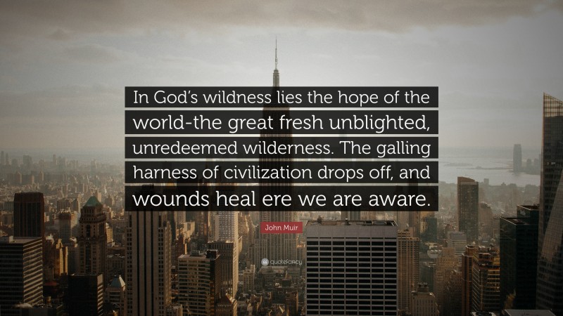 John Muir Quote: “In God’s wildness lies the hope of the world-the great fresh unblighted, unredeemed wilderness. The galling harness of civilization drops off, and wounds heal ere we are aware.”