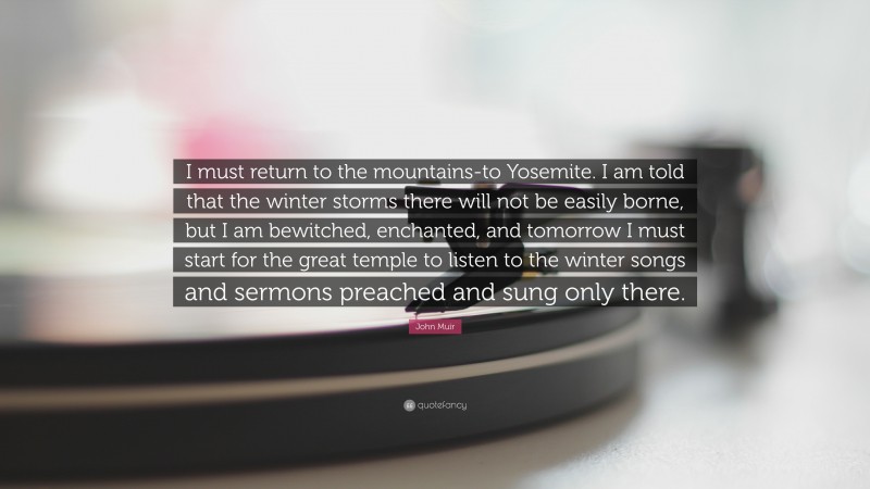 John Muir Quote: “I must return to the mountains-to Yosemite. I am told that the winter storms there will not be easily borne, but I am bewitched, enchanted, and tomorrow I must start for the great temple to listen to the winter songs and sermons preached and sung only there.”