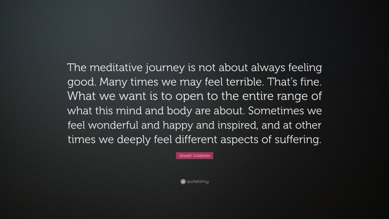 Joseph Goldstein Quote: “The meditative journey is not about always feeling good. Many times we may feel terrible. That’s fine. What we want is to open to the entire range of what this mind and body are about. Sometimes we feel wonderful and happy and inspired, and at other times we deeply feel different aspects of suffering.”