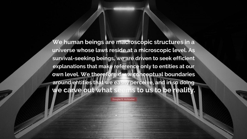 Douglas R. Hofstadter Quote: “We human beings are macroscopic structures in a universe whose laws reside at a microscopic level. As survival-seeking beings, we are driven to seek efficient explanations that make reference only to entities at our own level. We therefore draw conceptual boundaries around entities that we easily perceive, and in so doing we carve out what seems to us to be reality.”