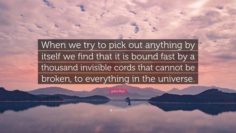 John Muir Quote: “When we try to pick out anything by itself we find that it is bound fast by a thousand invisible cords that cannot be broken, to everything in the universe.”