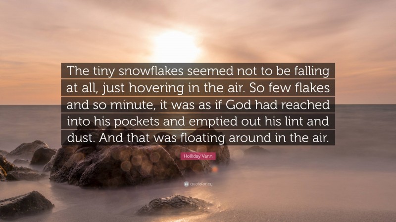 Holliday Vann Quote: “The tiny snowflakes seemed not to be falling at all, just hovering in the air. So few flakes and so minute, it was as if God had reached into his pockets and emptied out his lint and dust. And that was floating around in the air.”