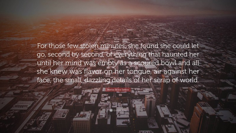 Marisa de los Santos Quote: “For those few stolen minutes, she found she could let go, second by second, of everything that haunted her until her mind was empty as a scoured bowl and all she knew was flavor on her tongue, air against her face, the small, dazzling details of her scrap of world.”