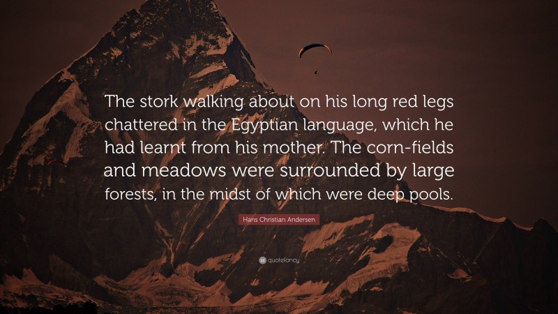Hans Christian Andersen Quote: “The stork walking about on his long red legs chattered in the Egyptian language, which he had learnt from his mother. The corn-fields and meadows were surrounded by large forests, in the midst of which were deep pools.”