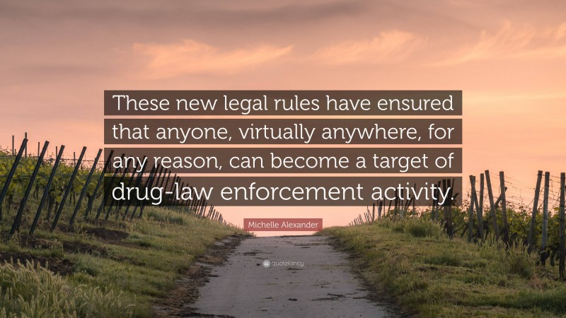 Michelle Alexander Quote: “These new legal rules have ensured that anyone, virtually anywhere, for any reason, can become a target of drug-law enforcement activity.”