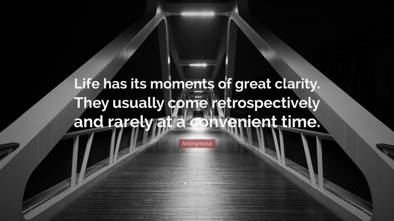 Anonymous Quote: “Life has its moments of great clarity. They usually come retrospectively and rarely at a convenient time.”