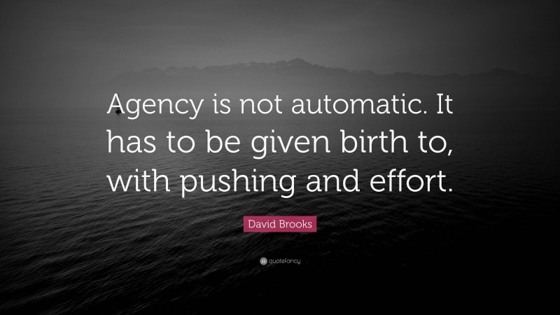 David Brooks Quote: “Agency is not automatic. It has to be given birth to, with pushing and effort.”
