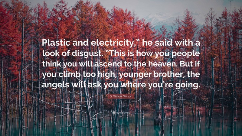 G. Willow Wilson Quote: “Plastic and electricity,” he said with a look of disgust. “This is how you people think you will ascend to the heaven. But if you climb too high, younger brother, the angels will ask you where you’re going.”