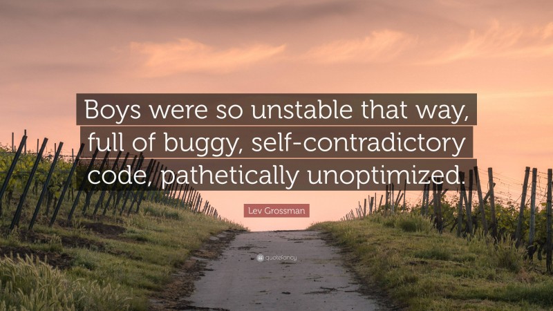 Lev Grossman Quote: “Boys were so unstable that way, full of buggy, self-contradictory code, pathetically unoptimized.”