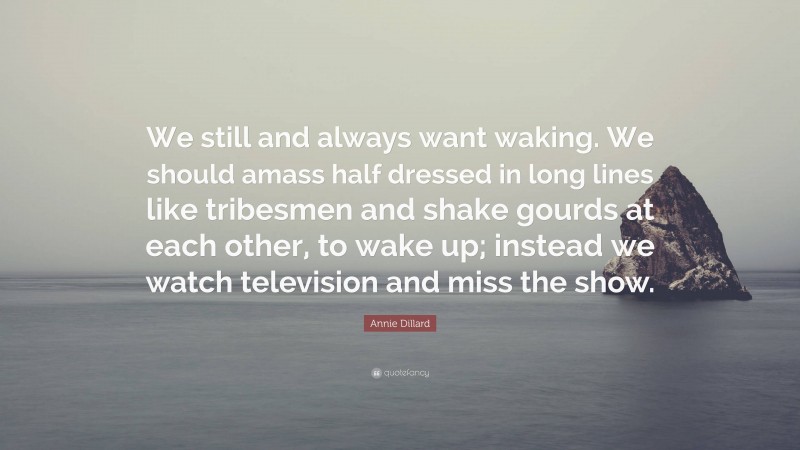 Annie Dillard Quote: “We still and always want waking. We should amass half dressed in long lines like tribesmen and shake gourds at each other, to wake up; instead we watch television and miss the show.”
