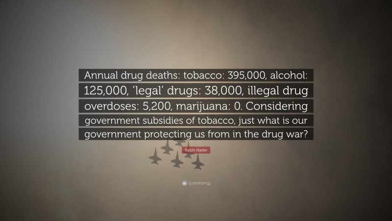 Ralph Nader Quote: “Annual drug deaths: tobacco: 395,000, alcohol: 125,000, ‘legal’ drugs: 38,000, illegal drug overdoses: 5,200, marijuana: 0. Considering government subsidies of tobacco, just what is our government protecting us from in the drug war?”