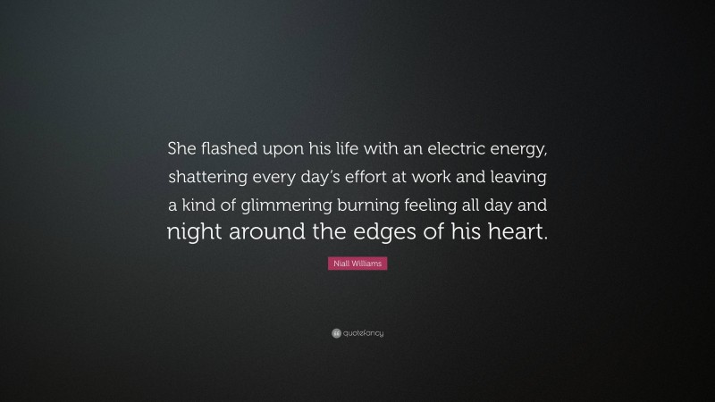 Niall Williams Quote: “She flashed upon his life with an electric energy, shattering every day’s effort at work and leaving a kind of glimmering burning feeling all day and night around the edges of his heart.”