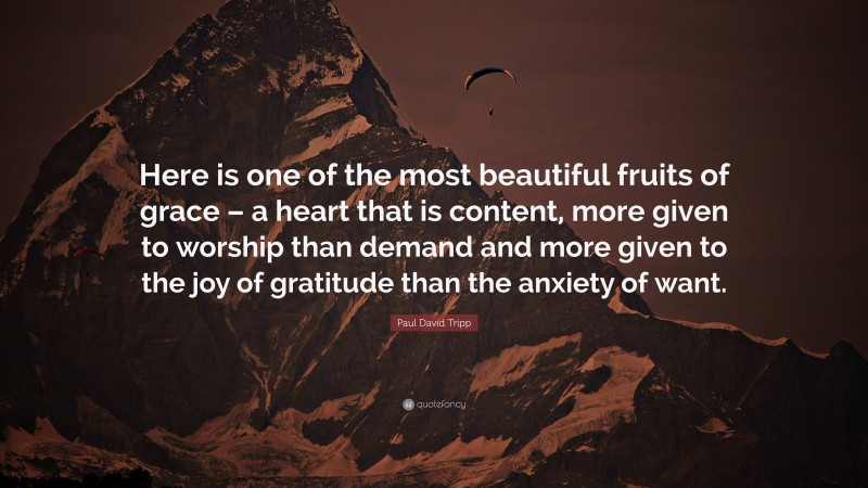Paul David Tripp Quote: “Here is one of the most beautiful fruits of grace – a heart that is content, more given to worship than demand and more given to the joy of gratitude than the anxiety of want.”