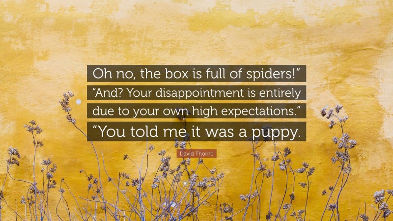 David Thorne Quote: “Oh no, the box is full of spiders!” “And? Your disappointment is entirely due to your own high expectations.” “You told me it was a puppy.”