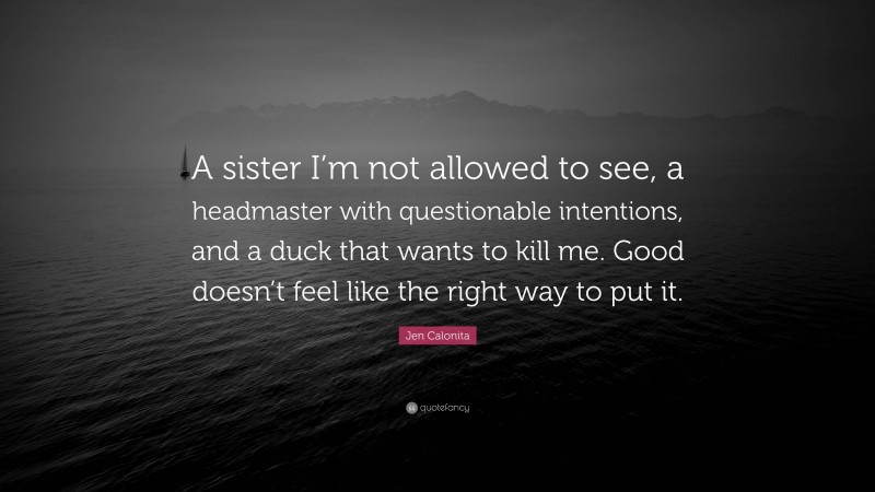 Jen Calonita Quote: “A sister I’m not allowed to see, a headmaster with questionable intentions, and a duck that wants to kill me. Good doesn’t feel like the right way to put it.”