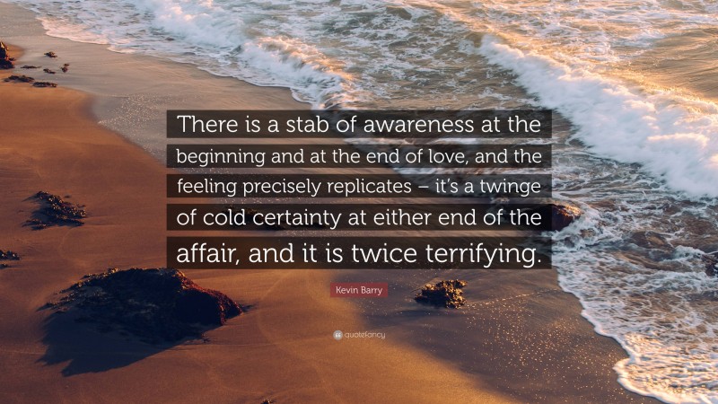 Kevin Barry Quote: “There is a stab of awareness at the beginning and at the end of love, and the feeling precisely replicates – it’s a twinge of cold certainty at either end of the affair, and it is twice terrifying.”