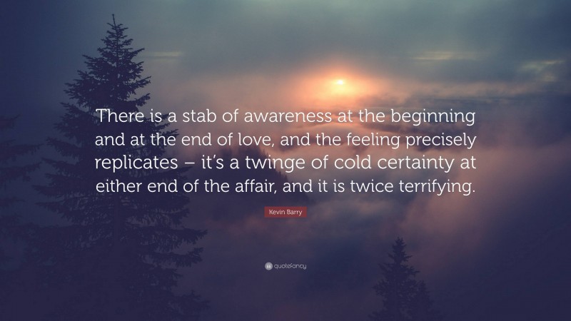 Kevin Barry Quote: “There is a stab of awareness at the beginning and at the end of love, and the feeling precisely replicates – it’s a twinge of cold certainty at either end of the affair, and it is twice terrifying.”