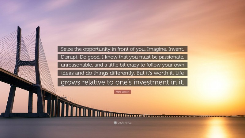 Marc Benioff Quote: “Seize the opportunity in front of you. Imagine. Invent. Disrupt. Do good. I know that you must be passionate, unreasonable, and a little bit crazy to follow your own ideas and do things differently. But it’s worth it. Life grows relative to one’s investment in it.”