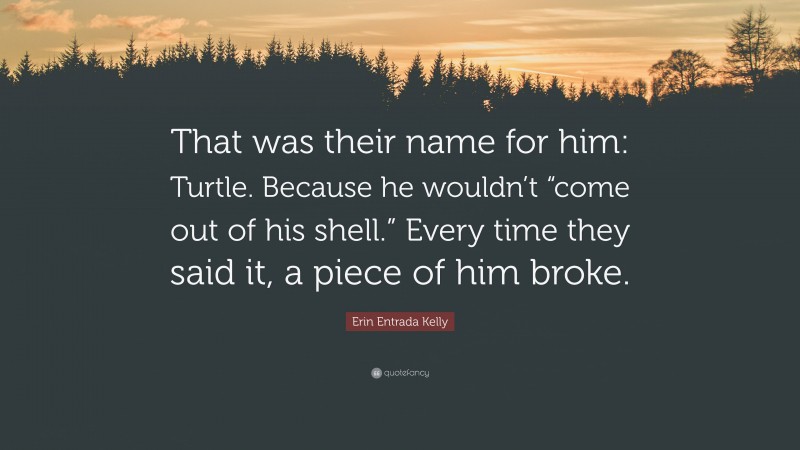 Erin Entrada Kelly Quote: “That was their name for him: Turtle. Because he wouldn’t “come out of his shell.” Every time they said it, a piece of him broke.”