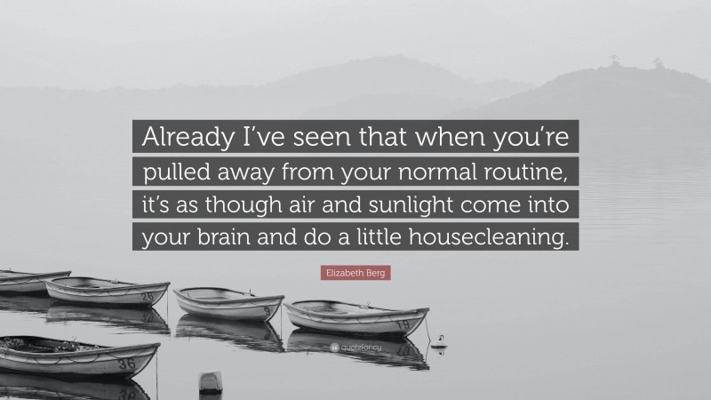 Elizabeth Berg Quote: “Already I’ve seen that when you’re pulled away from your normal routine, it’s as though air and sunlight come into your brain and do a little housecleaning.”