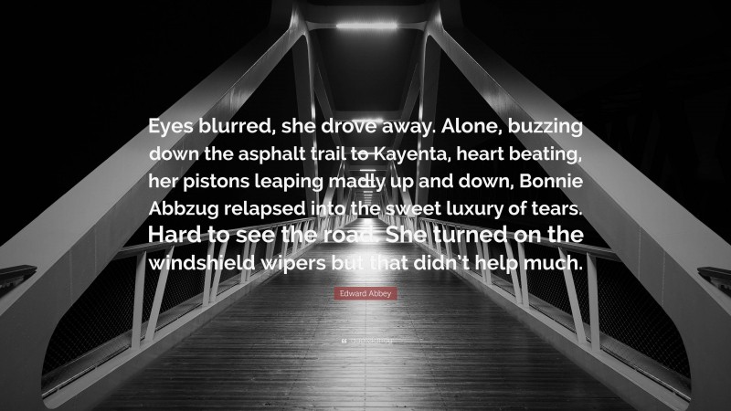 Edward Abbey Quote: “Eyes blurred, she drove away. Alone, buzzing down the asphalt trail to Kayenta, heart beating, her pistons leaping madly up and down, Bonnie Abbzug relapsed into the sweet luxury of tears. Hard to see the road. She turned on the windshield wipers but that didn’t help much.”