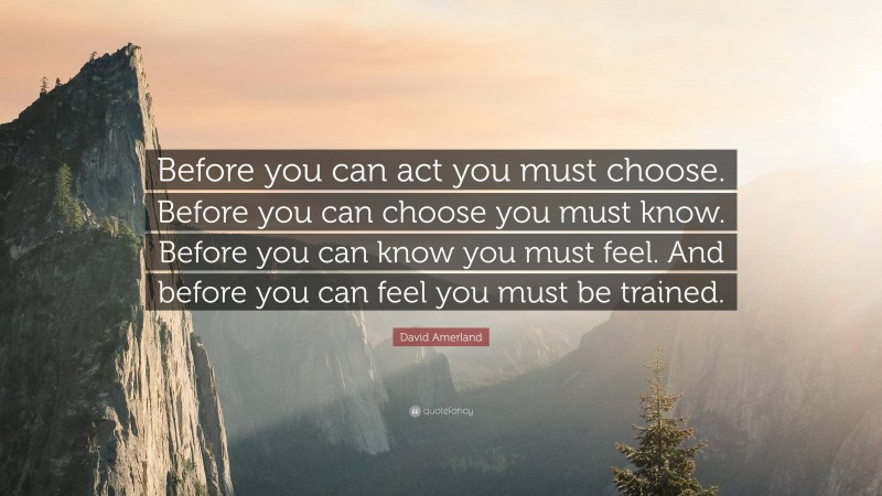David Amerland Quote: “Before you can act you must choose. Before you can choose you must know. Before you can know you must feel. And before you can feel you must be trained.”